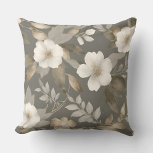 Neutral Grey Beige Cream Modern Farmhouse Floral Cushion