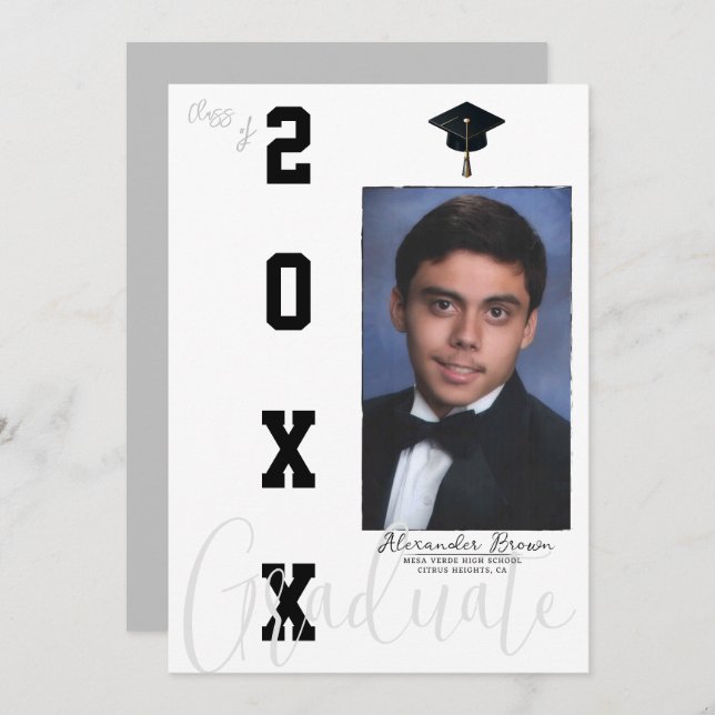 Neutral Grey Black Graduation Photo Announcement   (Front/Back)
