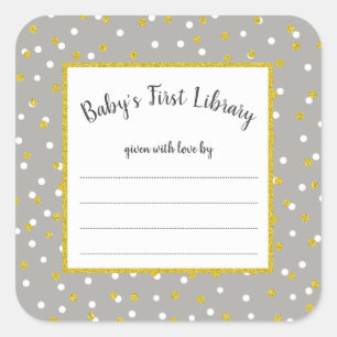 Neutral Grey gold dot baby shower bookplate Square Sticker