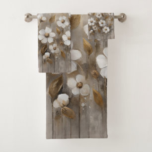 Neutral Grey Gold Taupe Floral Bath Towel Set