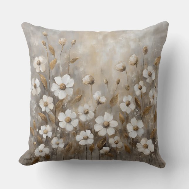 Neutral Grey Gold Taupe Floral Cushion (Front)