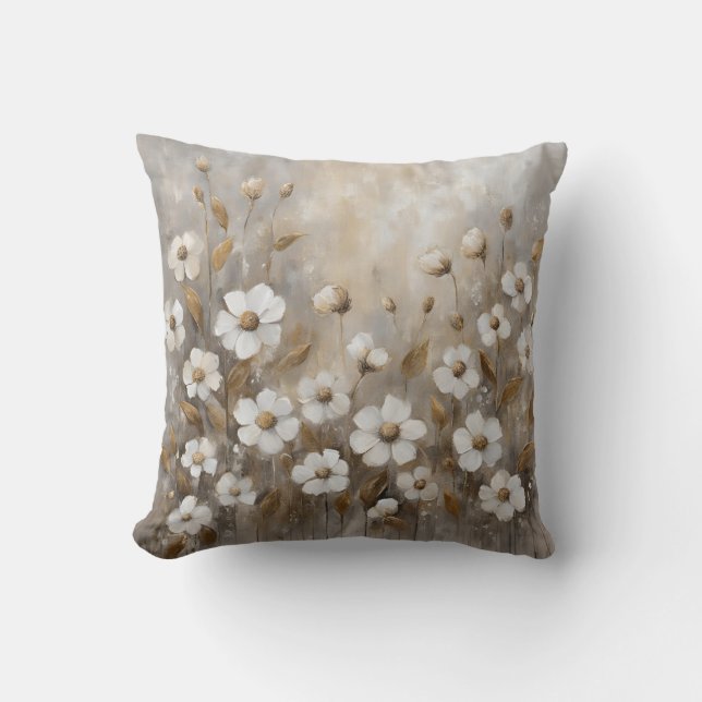 Neutral Grey Gold Taupe Floral Cushion (Front)