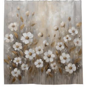 Neutral Grey Gold Taupe Floral Shower Curtain