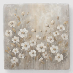 Neutral Grey Gold Taupe Floral Stone Coaster