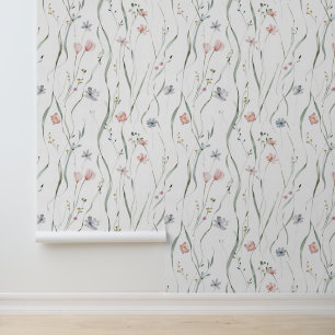 Neutral Grey Pink Wildflower Meadow Pattern Wallpaper