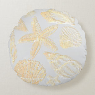 Neutral Grey Tan Beige Seashell Shells Beach House Round Cushion