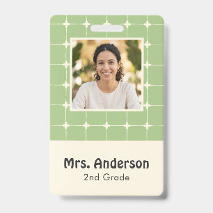 Neutral Grid Chic Teacher Photo ID Sage Green Badge