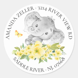 Neutral Happy Elephant Baby Shower Return Address Classic Round Sticker