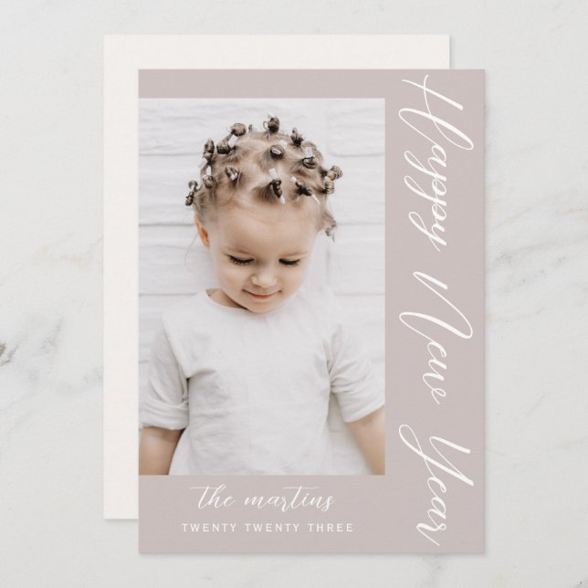 Neutral Happy New Year Photo Holiday Card (Front/Back)