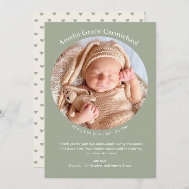 Neutral Hearts Cute Minimal Simple Sweet Baby Announcement (Front/Back)