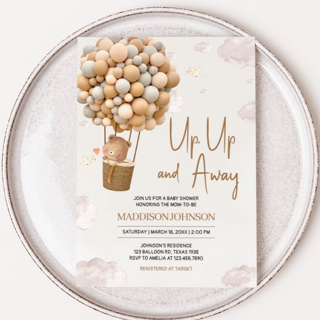 Neutral Hot Air Balloon Up and Away Baby Shower Invitation (Up and Away Hot Air Balloon Baby Shower Invitation)