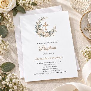 Neutral Ivory Botanical Baptism Cross Invitation