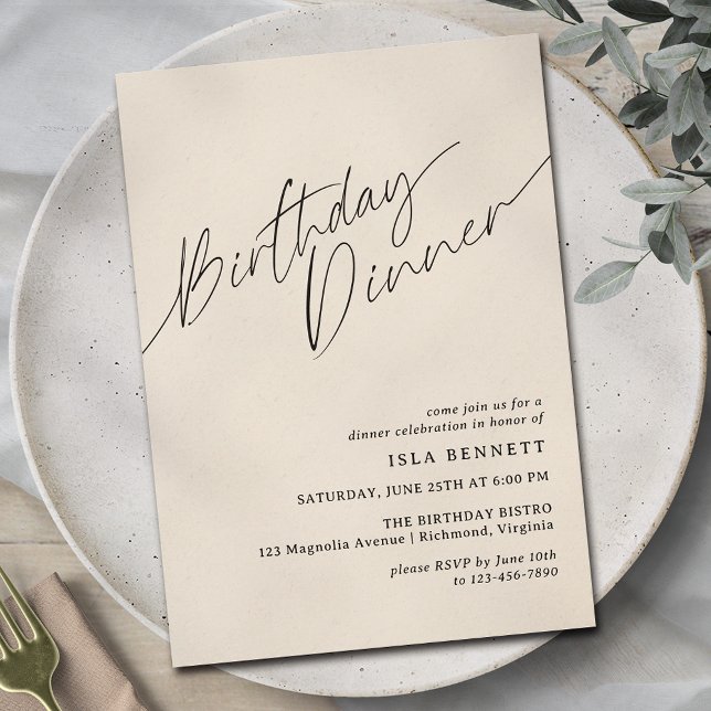 Neutral Ivory Cream Modern Script Birthday Dinner Invitation (Creator Uploaded)