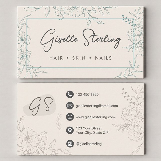 Neutral Ivory Floral Line Art Elegant Script Business Card (Creator Uploaded)