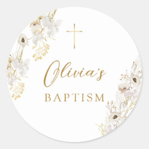 Neutral Ivory Gold Wildflower Baptism  Classic Round Sticker