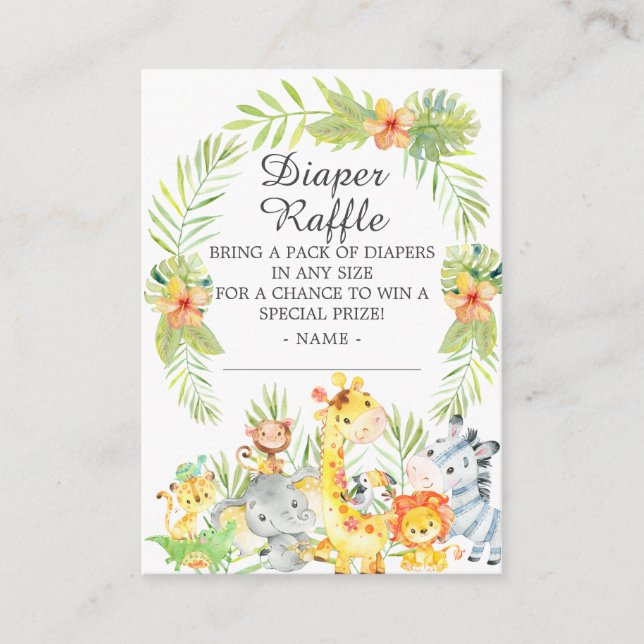Neutral Jungle Animals Baby Shower Diaper Raffle Enclosure Card (Front)