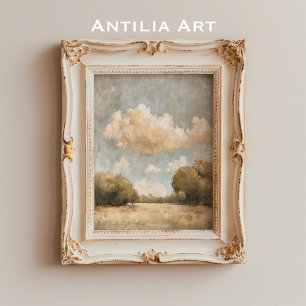 Neutral Landscape Oil Painting Vintage Cloudy Sky Poster