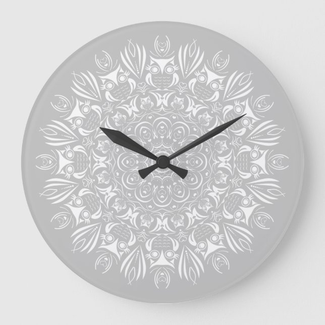 Neutral light grey and white cute owl mandala large clock (Front)