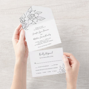 Neutral Line Art Floral Elegant Wedding All In One Invitation