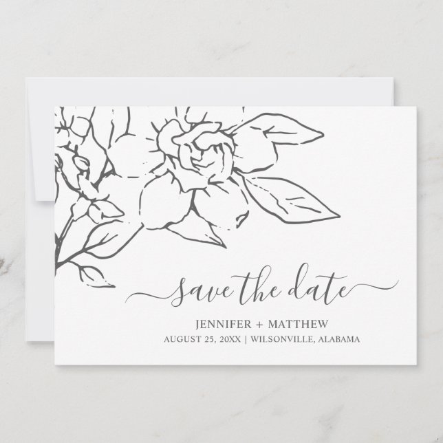 Neutral Line Art Floral Elegant Wedding Save The Date (Front)