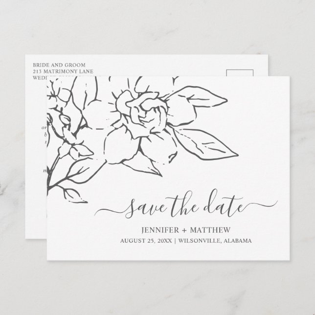 Neutral Line Art Floral Wedding Save the Date Announcement Postcard (Front/Back)