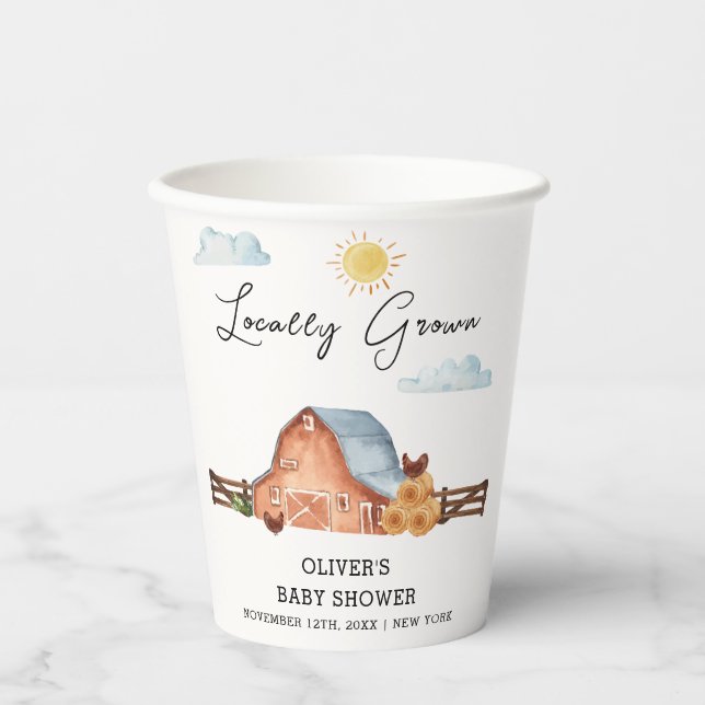 Neutral Locally Grown Farm Barn Baby Shower  Paper Cups (Front)