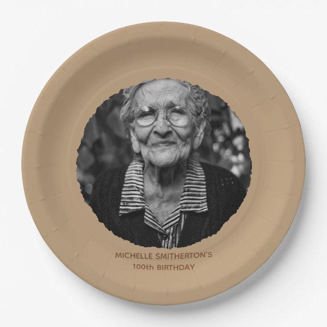 Neutral Milestone 100th Birthday Photo Paper Plate (Front)