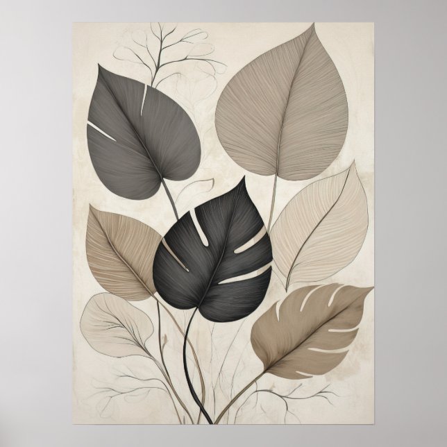 Neutral Minimal Leaf Modern Botanical Art Poster (Front)