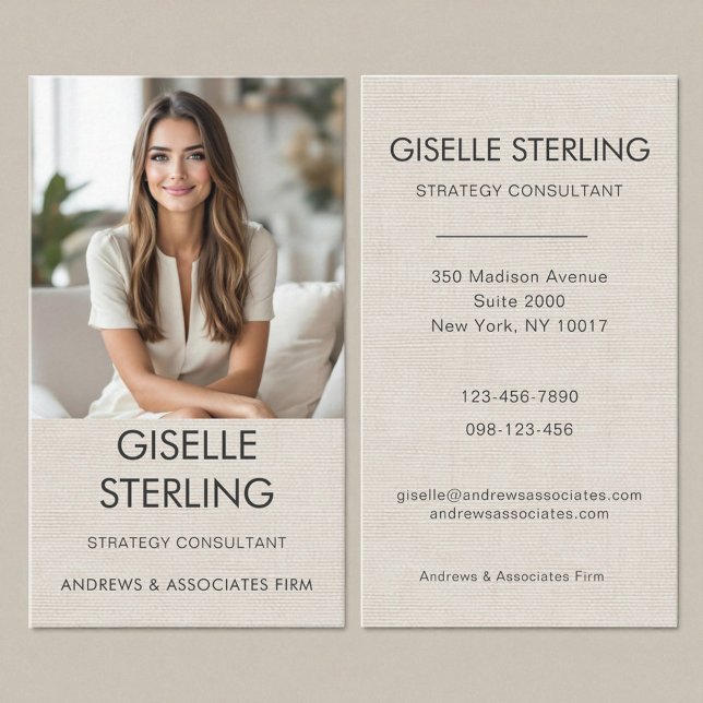 Neutral Minimal Linen Professional Photo Modern  Business Card (Creator Uploaded)