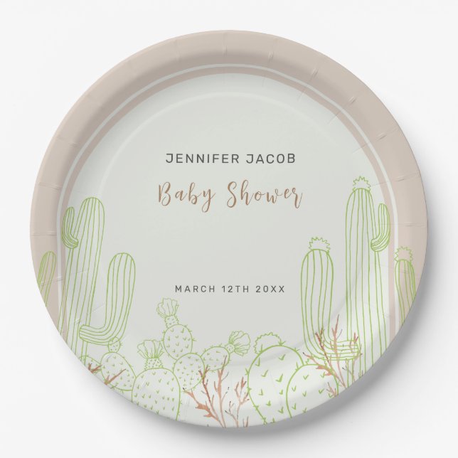 Neutral Minimalist Boho Cactus Arch Baby Shower Paper Plate (Front)