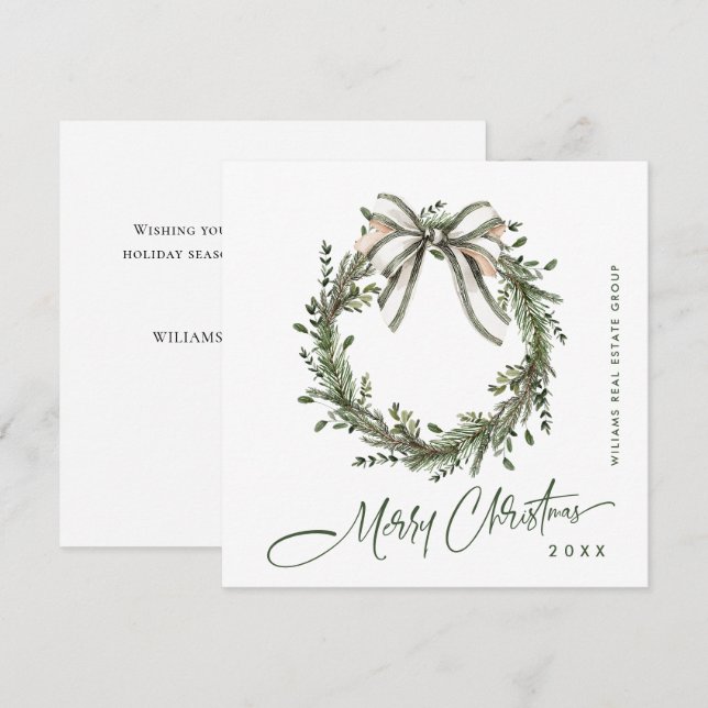 Neutral Minimalist Boho Christmas Wreath Corporate Holiday Card (Front/Back)