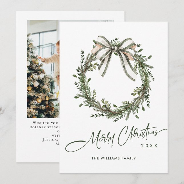 Neutral Minimalist Boho Christmas Wreath Photo Holiday Card (Front/Back)