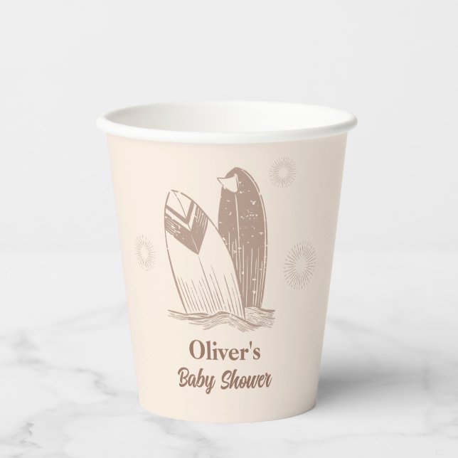Neutral Minimalist Boho Surfboard Baby Shower  Paper Cups (Front)