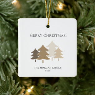 Neutral Minimalist Christmas Tree Family Name Ceramic Ornament