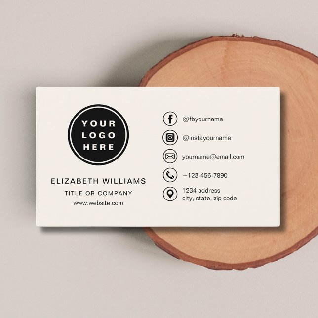 Neutral Minimalist Logo with Social Media Icons Business Card (Creator Uploaded)