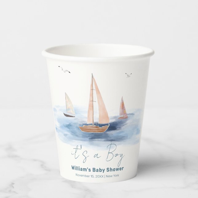Neutral Minimalist Nautical Sailboat Baby Shower Paper Cups (Front)