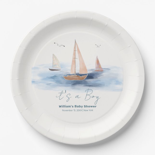 Neutral Minimalist Nautical Sailboat Baby Shower Paper Plate (Front)
