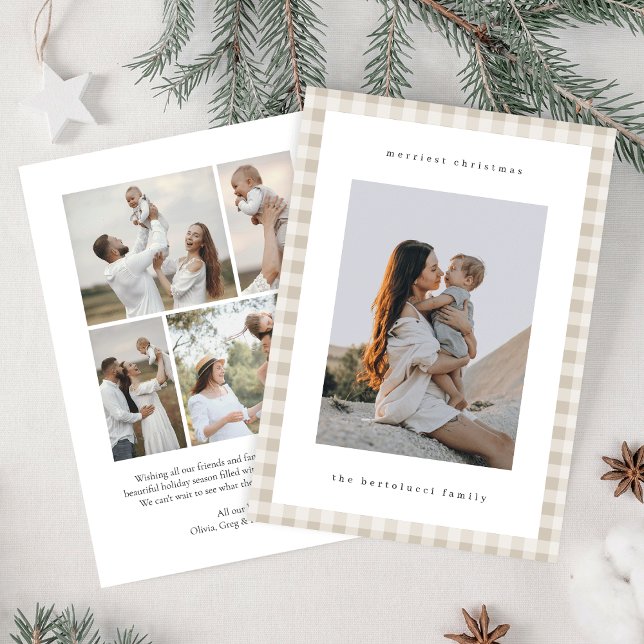 Neutral Minimalist Plaid Double-Sided Photo Holiday Card (Creator Uploaded)
