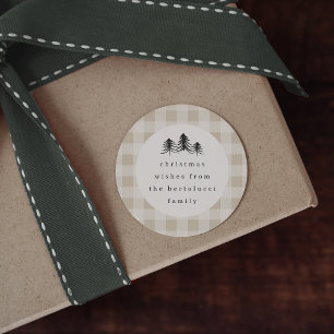 Neutral Minimalist Plaid Pine Tree Christmas Classic Round Sticker
