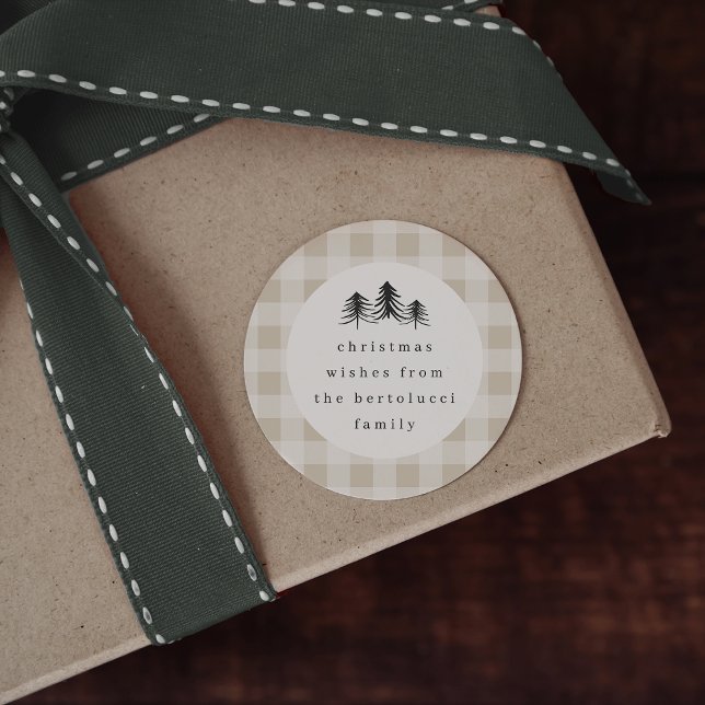 Neutral Minimalist Plaid Pine Tree Christmas Classic Round Sticker (Creator Uploaded)