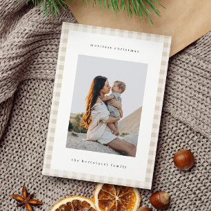 Neutral Minimalist Plaid Single Photo Holiday Card