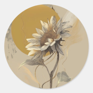 Neutral Minimalist Sunflower Outline Classic Round Sticker