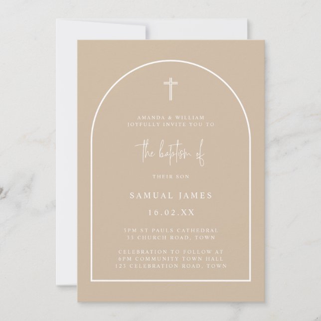 Neutral Modern Arch Script Minimalist Baptism Invitation (Front)