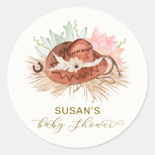 Neutral Modern Boho Cactus Cowboy Hat Baby Shower Classic Round Sticker