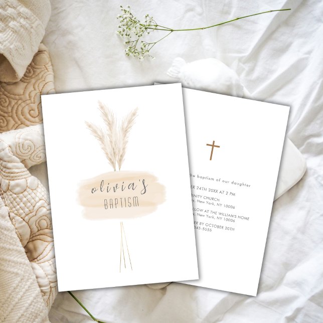 Neutral Modern Boho Pampas Christening Baptism Invitation (Neutral Modern Boho Pampas Christening Baptism Invitation)