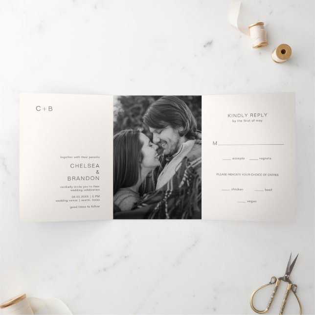 Neutral Monogram Photo Modern Wedding Tri-Fold Invitation (Inside)