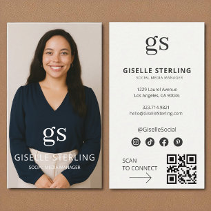Neutral Monogram Photo Social Media QR Code Business Card
