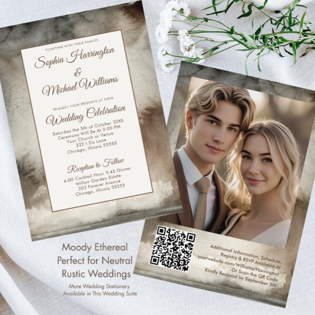 Neutral Moody Wedding Invitation Template QR Code  (Creator Uploaded)