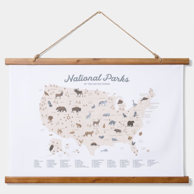 Neutral National Parks Map Woodland Nursery Decor Hanging Tapestry (Front)