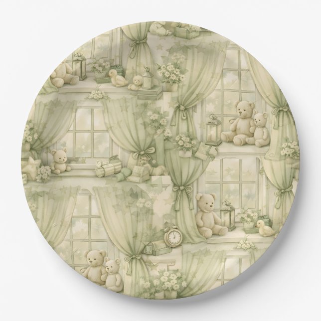 Neutral Nursery Teddy Bear Room Beige Pattern (2) Paper Plate (Front)